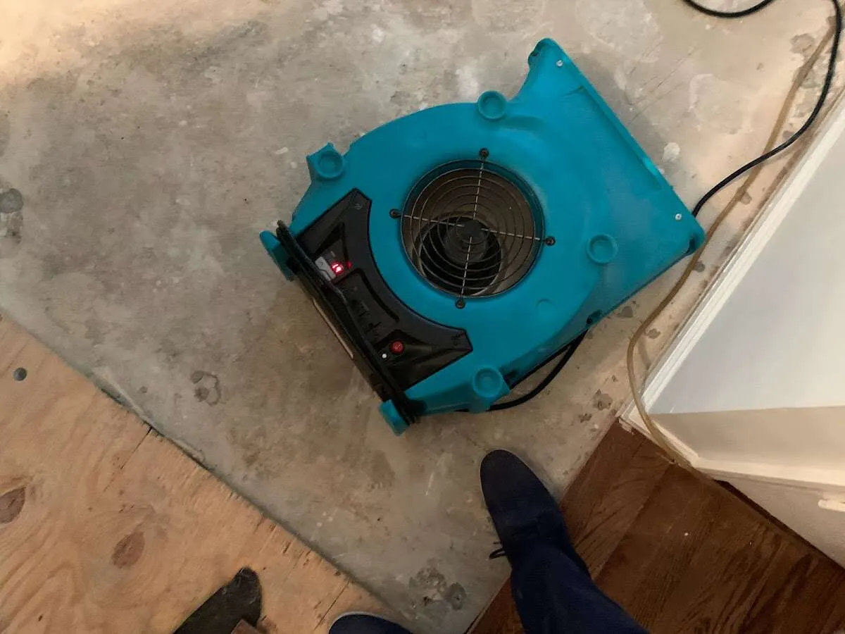 Air mover drying subfloor during Leak Detection & Repair in East Troy